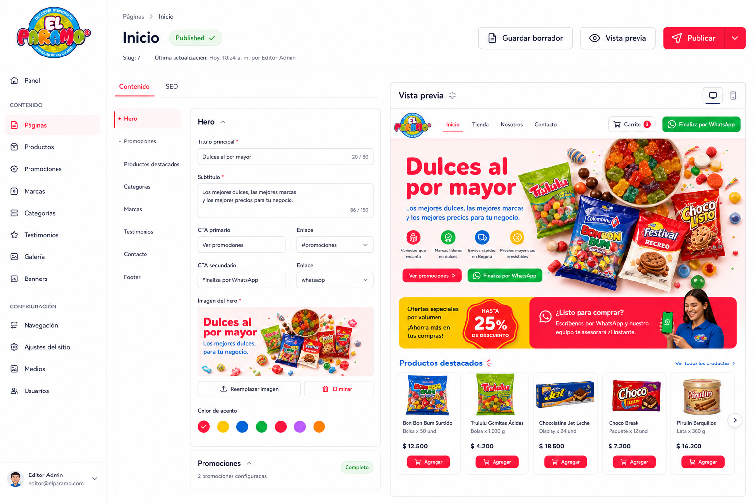 Mockup PNG del editor CMS de Inicio