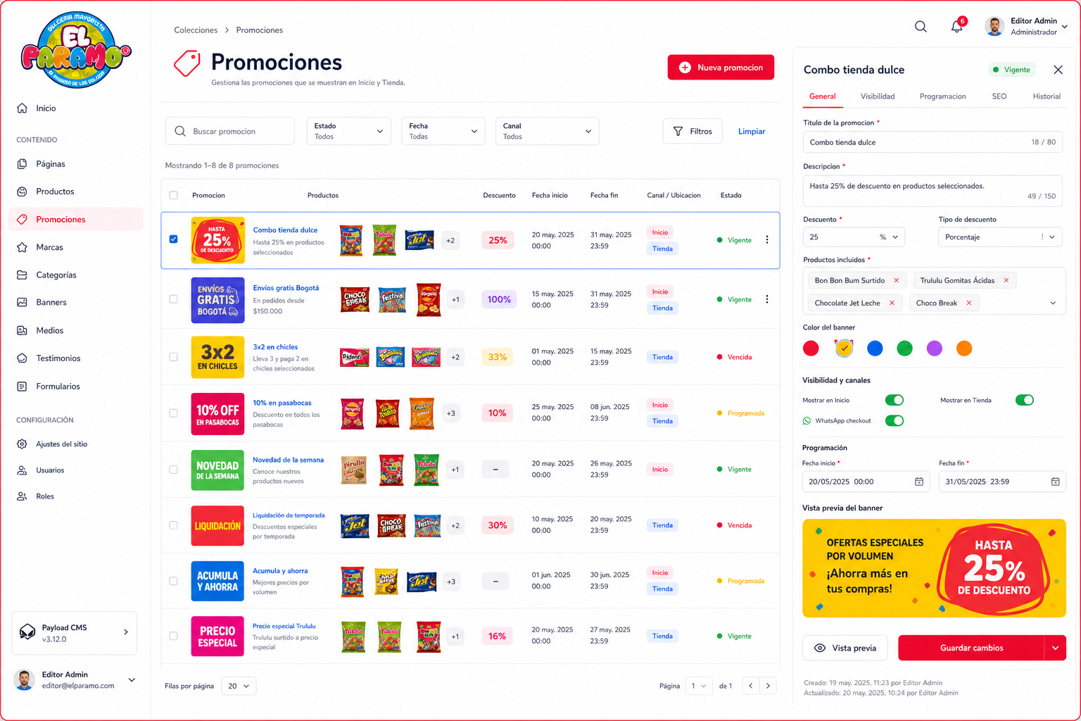Mockup PNG del CMS de promociones