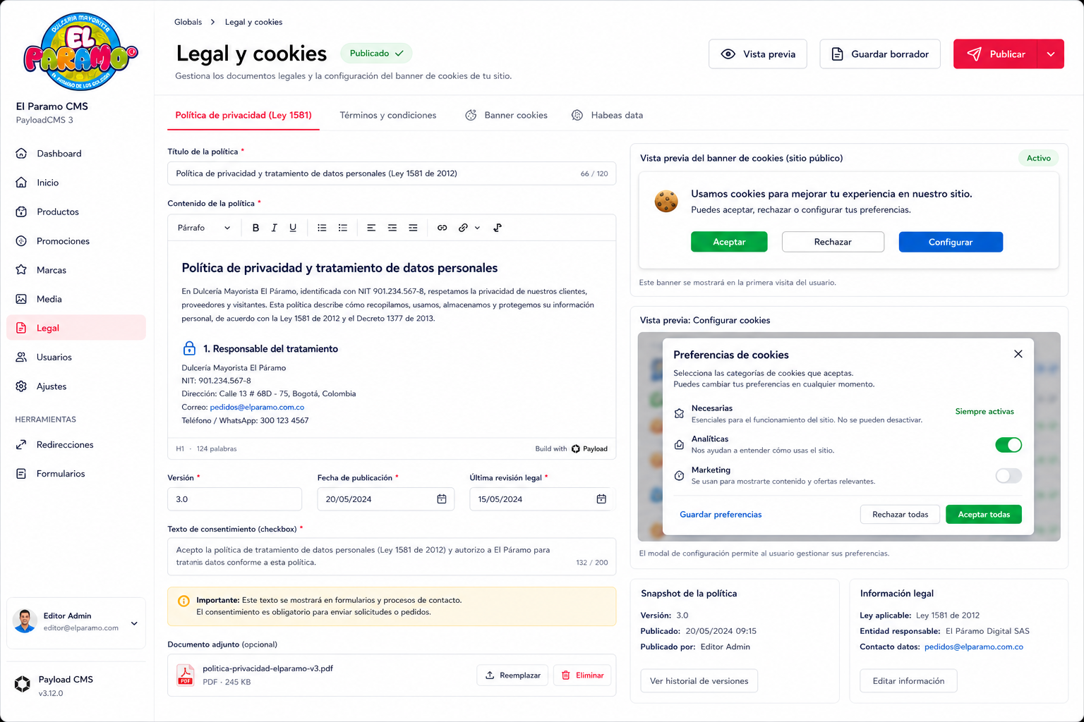 Mockup PNG del CMS legal y cookies
