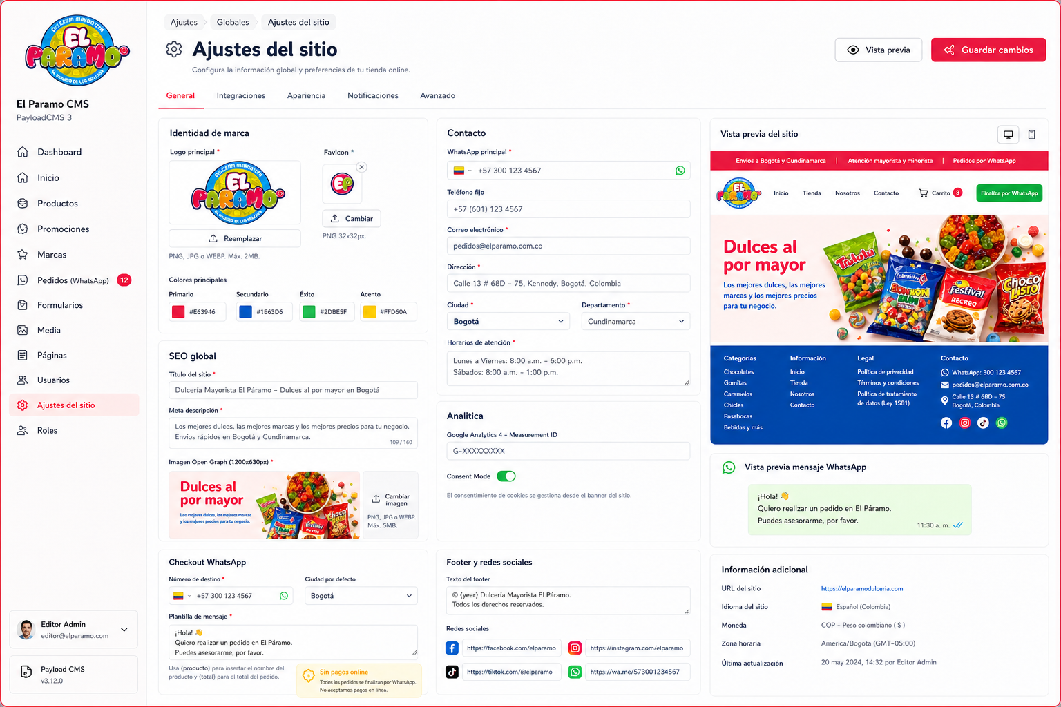 Mockup PNG del CMS ajustes del sitio